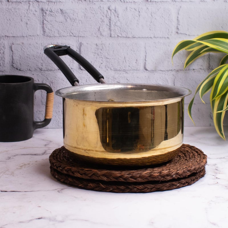 Zishta - Brass Sauce Pan-Medium|Tapeli|Patila|Bhagona for Milk|Tea with Tin Coating Inner Side|Kalai|Serving Sauce Pan for with Handle for Serving & Cooking (Medium Size) - Image 2