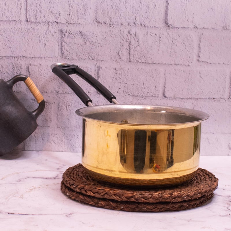Zishta - Brass Sauce Pan-Medium|Tapeli|Patila|Bhagona for Milk|Tea with Tin Coating Inner Side|Kalai|Serving Sauce Pan for with Handle for Serving & Cooking (Medium Size) - Image 1