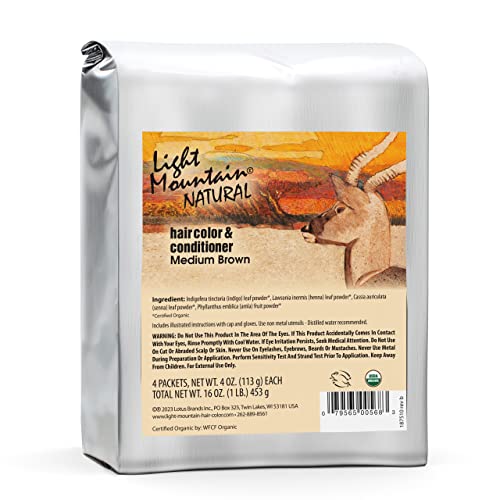 لون الشعر بالحناء من لايت ماونتن وبلسم - صبغة شعر بني متوسط للرجال/النساء، مسحوق أوراق حناء عضوي ونباتات، لون شعر شبه دائم خالي من المواد الكيميائية، 16 أونصة