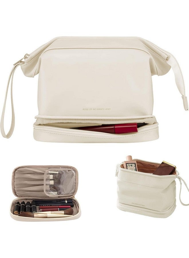 DARKNESS Travel Bag, Double Layer Cosmetic Bag, Large Makeup Bag, Travel Makeup Bag, Makeup Organizer Bag, Leather Cosmetic Bag, Waterproof Toiletry Bag for Women Girls (White) - Image 1