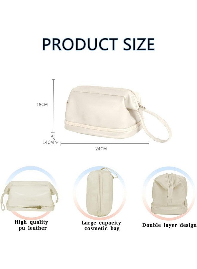 DARKNESS Travel Bag, Double Layer Cosmetic Bag, Large Makeup Bag, Travel Makeup Bag, Makeup Organizer Bag, Leather Cosmetic Bag, Waterproof Toiletry Bag for Women Girls (White) - Image 2