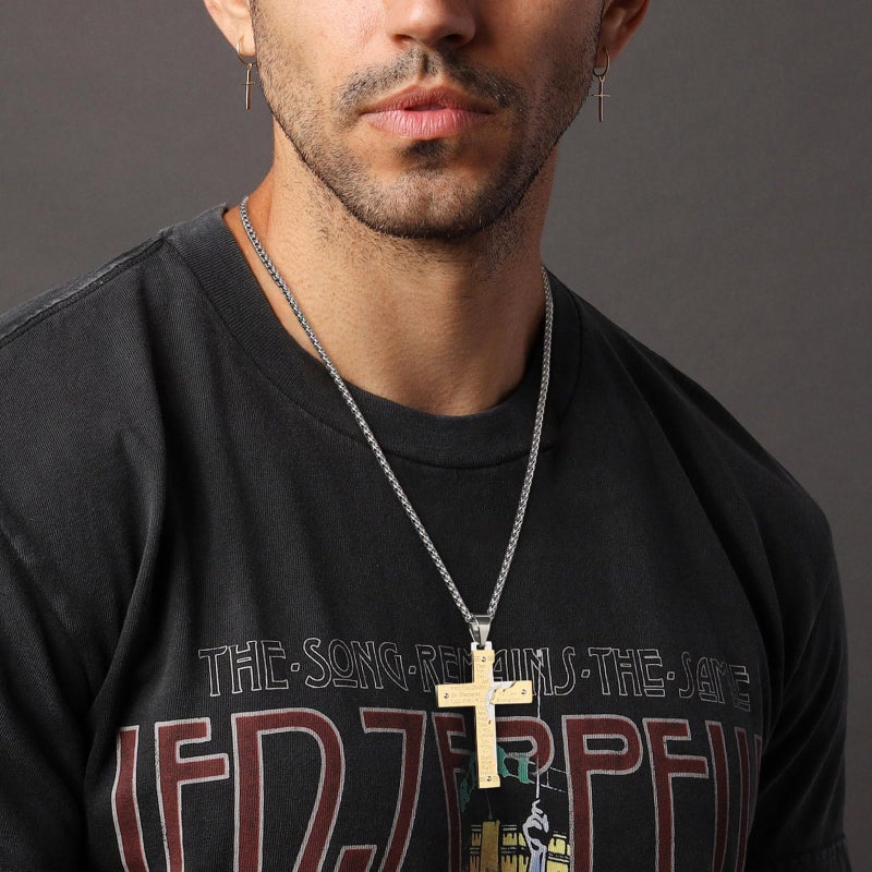 HZMAN Men's Stainless Steel Jesus Christ Crucifix Cross Lord's Prayer Pendant Necklace (Gold) - Image 2