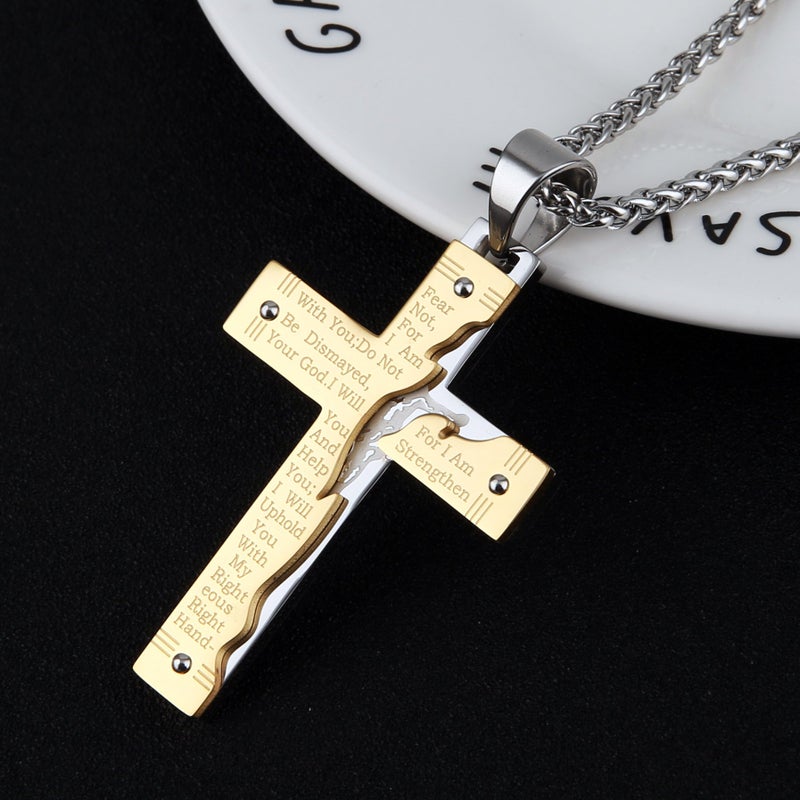 HZMAN Men's Stainless Steel Jesus Christ Crucifix Cross Lord's Prayer Pendant Necklace (Gold) - Image 5