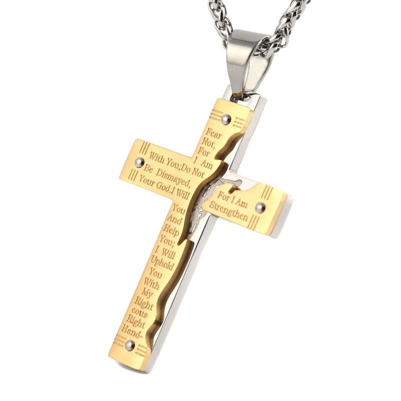 HZMAN Men's Stainless Steel Jesus Christ Crucifix Cross Lord's Prayer Pendant Necklace (Gold) - Image 1