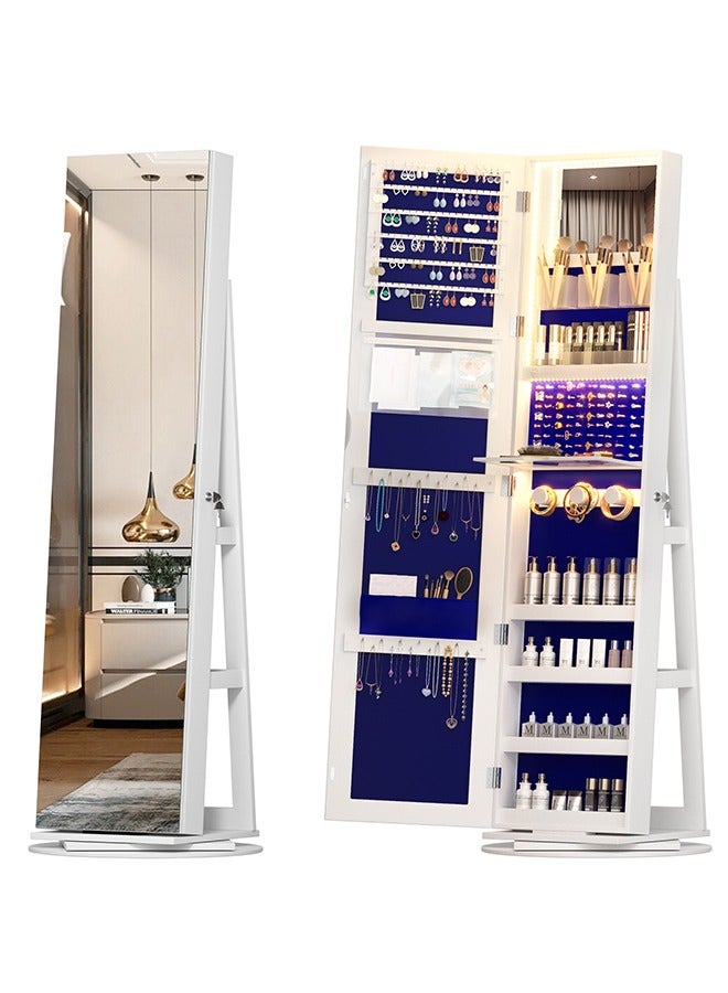 Rotatable Jewelry Wardrobe with LED Light, Large Jewelry Storage Cabinet with Full-Length Mirror, Large Standing Storage Organizer Suitable for Bedroom, Closet - Image 1