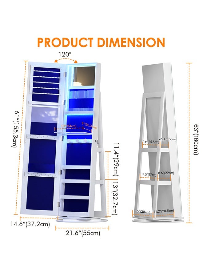 Rotatable Jewelry Wardrobe with LED Light, Large Jewelry Storage Cabinet with Full-Length Mirror, Large Standing Storage Organizer Suitable for Bedroom, Closet - Image 2