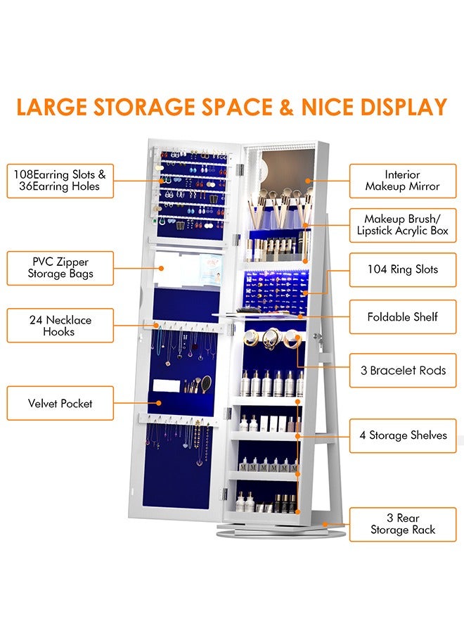 Rotatable Jewelry Wardrobe with LED Light, Large Jewelry Storage Cabinet with Full-Length Mirror, Large Standing Storage Organizer Suitable for Bedroom, Closet - Image 4