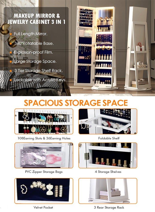 Rotatable Jewelry Wardrobe with LED Light, Large Jewelry Storage Cabinet with Full-Length Mirror, Large Standing Storage Organizer Suitable for Bedroom, Closet - Image 3