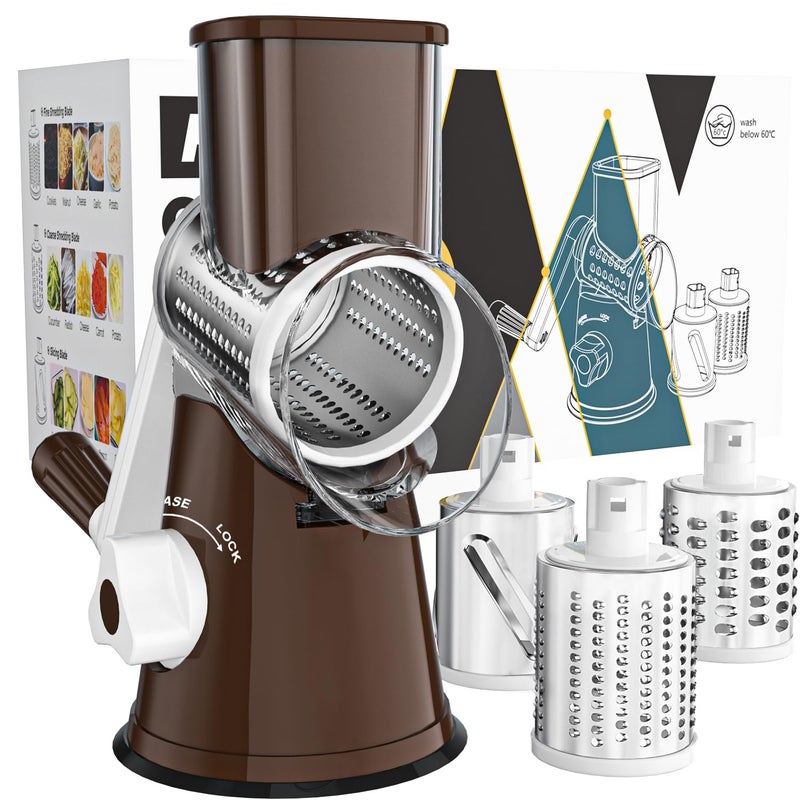 Cambom Rotary Cheese Grater Hand Crank Cheese Shredder for Fresh Cheese Vegetable NutsNonslip Suction Base Free Cleaning Brush Three Blades Coffe Color