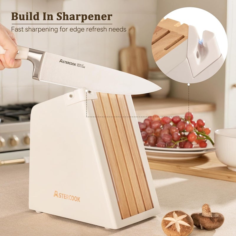 Astercook Knife Set, Kitchen Knife Set with Block and Sharpener, 12 Pcs Ultra-Sharp High Carbon Stainless Steel Knife Block Set with Non-Slip Full Tang Ergonomic Handle, Cream White Cutlery Set - Image 4