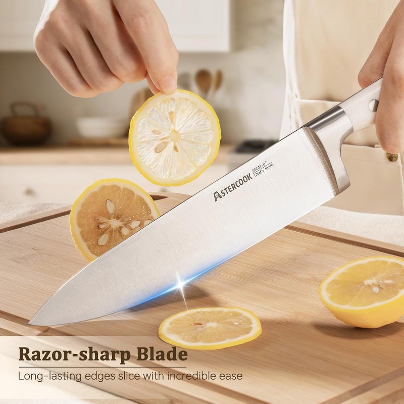 Astercook Knife Set, Kitchen Knife Set with Block and Sharpener, 12 Pcs Ultra-Sharp High Carbon Stainless Steel Knife Block Set with Non-Slip Full Tang Ergonomic Handle, Cream White Cutlery Set - Image 3