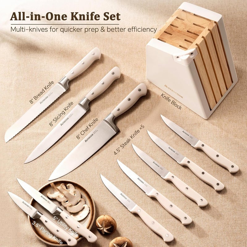 Astercook Knife Set, Kitchen Knife Set with Block and Sharpener, 12 Pcs Ultra-Sharp High Carbon Stainless Steel Knife Block Set with Non-Slip Full Tang Ergonomic Handle, Cream White Cutlery Set - Image 2