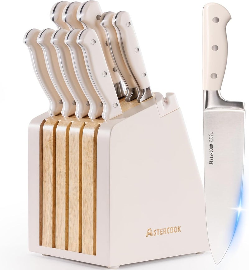 Astercook Knife Set, Kitchen Knife Set with Block and Sharpener, 12 Pcs Ultra-Sharp High Carbon Stainless Steel Knife Block Set with Non-Slip Full Tang Ergonomic Handle, Cream White Cutlery Set - Image 1