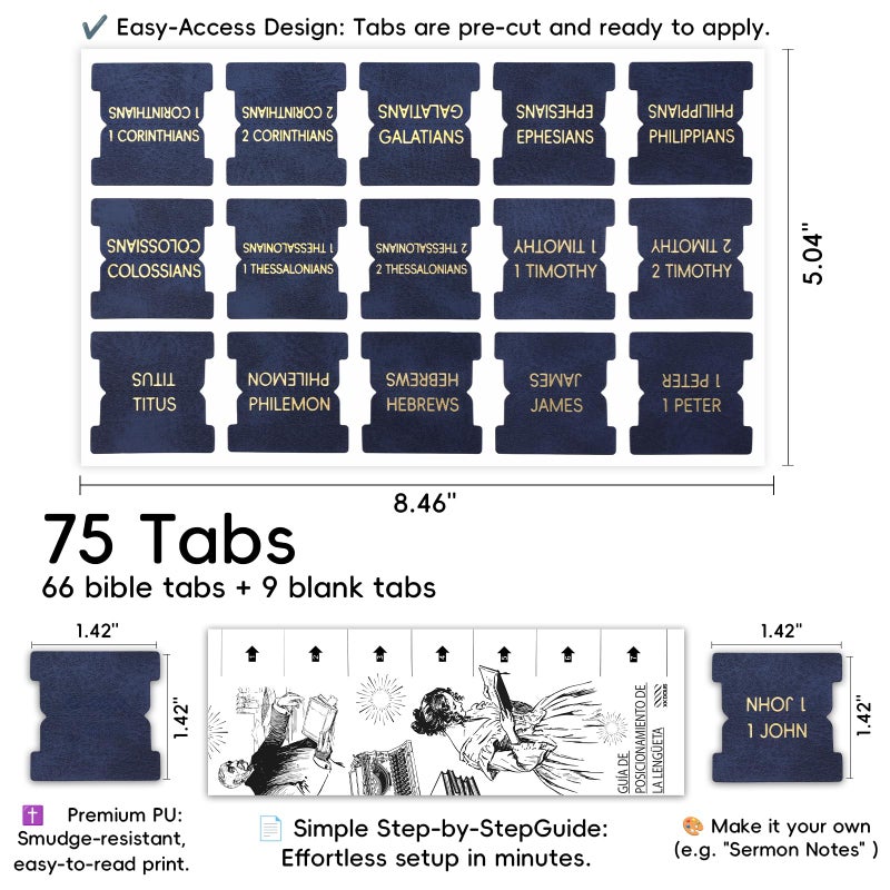 XKDOUS Leather Bible Tabs for Women and Men, 75 Chapters Laminated Dividers Bible Book Tabs, New/Old Testament Easy Navigation, Large Print, Bible Study Supplies (Dark Blue) - Image 2