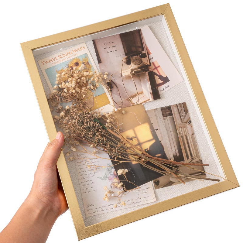 Muzilife 11x14 Shadow Box Picture Frame with Linen Board - Deep Wood & Glass Display Rustic Case Ready to Hang Memorabilia, Pins, Awards, Medals, Wedding, Tickets, and Photos, Gold - Image 5