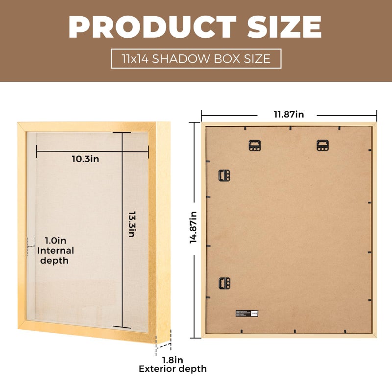Muzilife 11x14 Shadow Box Picture Frame with Linen Board - Deep Wood & Glass Display Rustic Case Ready to Hang Memorabilia, Pins, Awards, Medals, Wedding, Tickets, and Photos, Gold - Image 3
