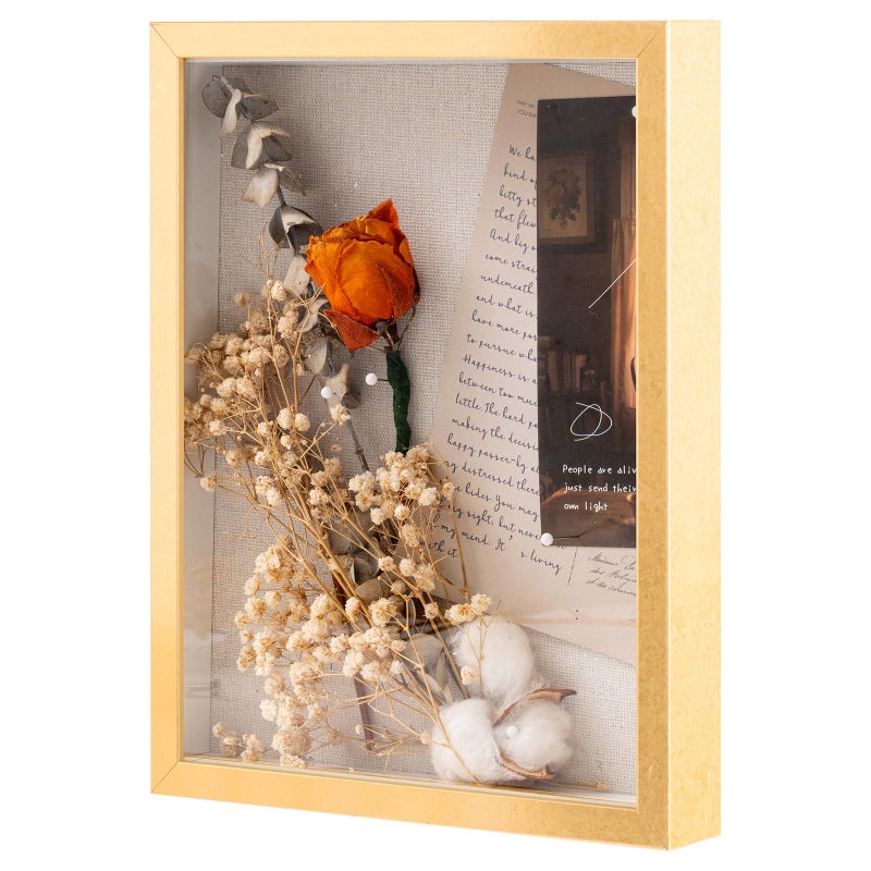 Muzilife 11x14 Shadow Box Picture Frame with Linen Board - Deep Wood & Glass Display Rustic Case Ready to Hang Memorabilia, Pins, Awards, Medals, Wedding, Tickets, and Photos, Gold - Image 1
