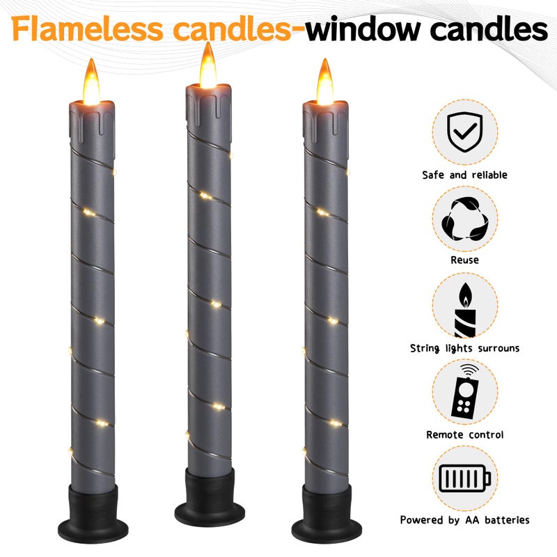 Da by 3 Pcs Flickering Flameless Battery Operated Taper Candle-Window Candles with Remote and Time-LED 3D Dynamic Flame-9.6 Inches for Wedding, Party,Home Decoration-Grey - Image 2
