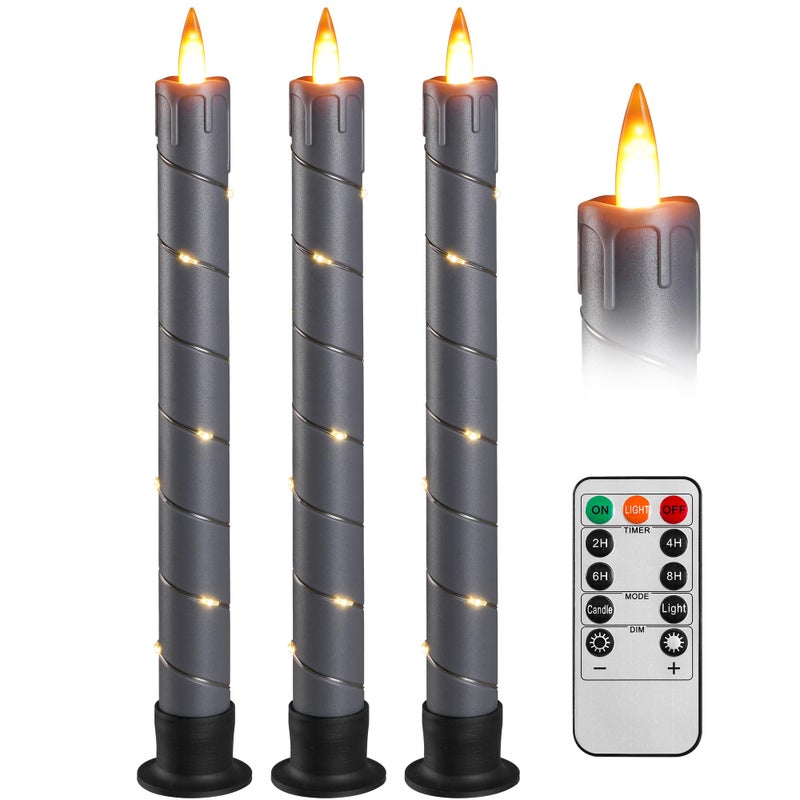 Da by 3 Pcs Flickering Flameless Battery Operated Taper Candle-Window Candles with Remote and Time-LED 3D Dynamic Flame-9.6 Inches for Wedding, Party,Home Decoration-Grey - Image 1