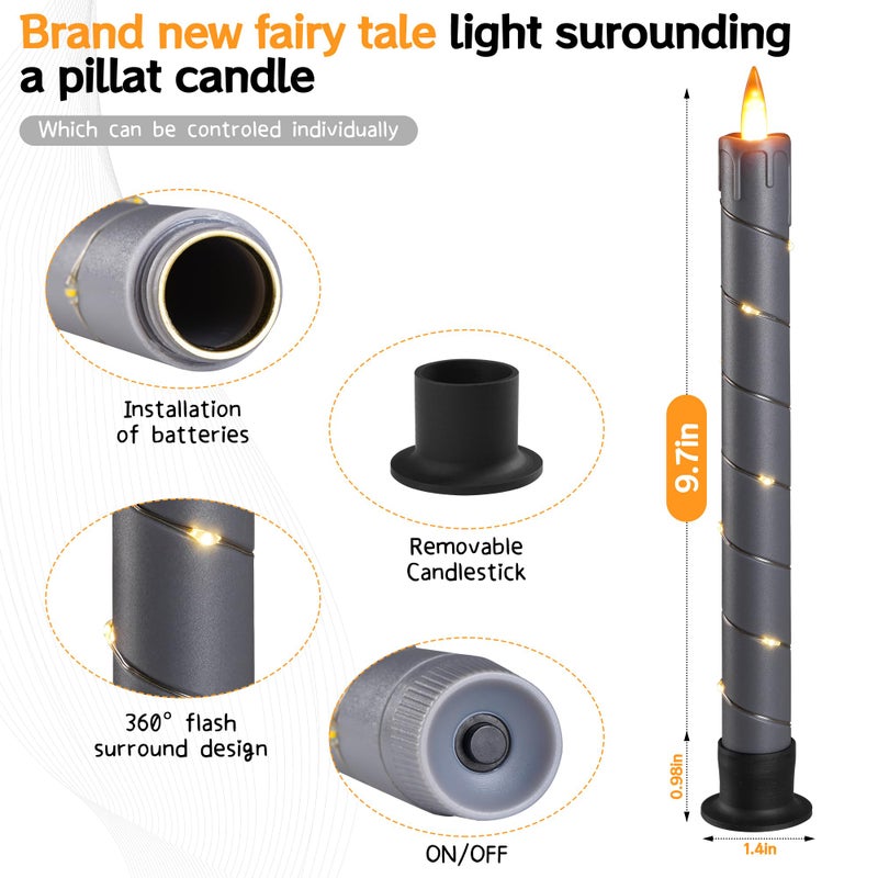 Da by 3 Pcs Flickering Flameless Battery Operated Taper Candle-Window Candles with Remote and Time-LED 3D Dynamic Flame-9.6 Inches for Wedding, Party,Home Decoration-Grey - Image 3