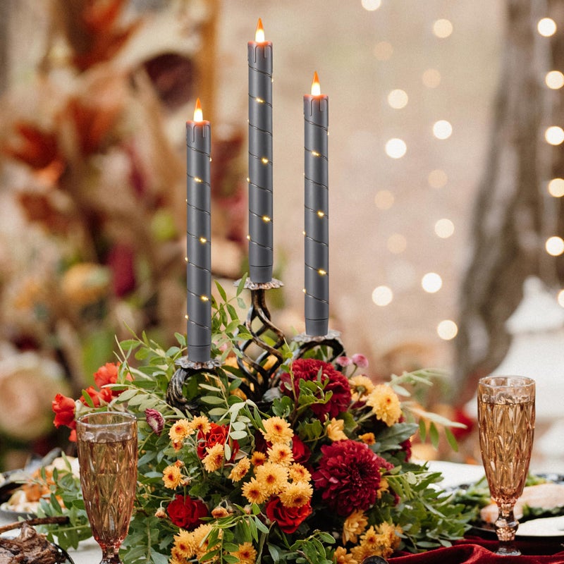 Da by 3 Pcs Flickering Flameless Battery Operated Taper Candle-Window Candles with Remote and Time-LED 3D Dynamic Flame-9.6 Inches for Wedding, Party,Home Decoration-Grey - Image 4