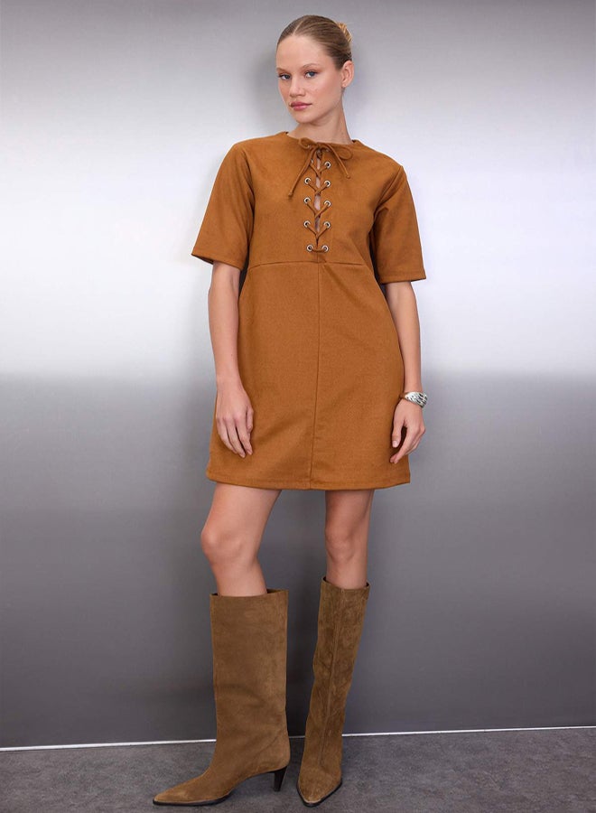 trendyol Light Brown Eyelet Detail Shift/Straight Cut Short/Mini Knitted Dress - Image 2