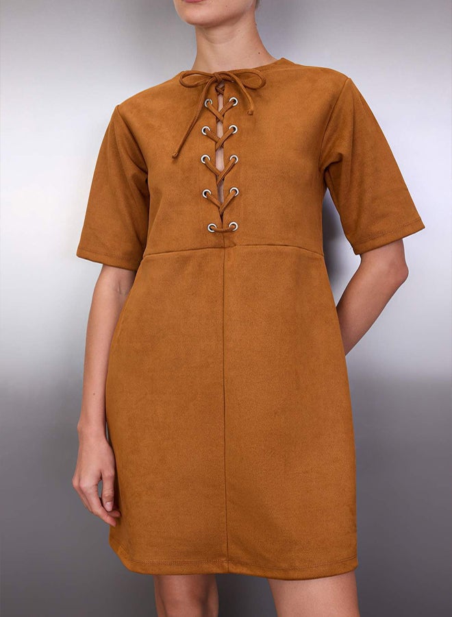 trendyol Light Brown Eyelet Detail Shift/Straight Cut Short/Mini Knitted Dress - Image 3