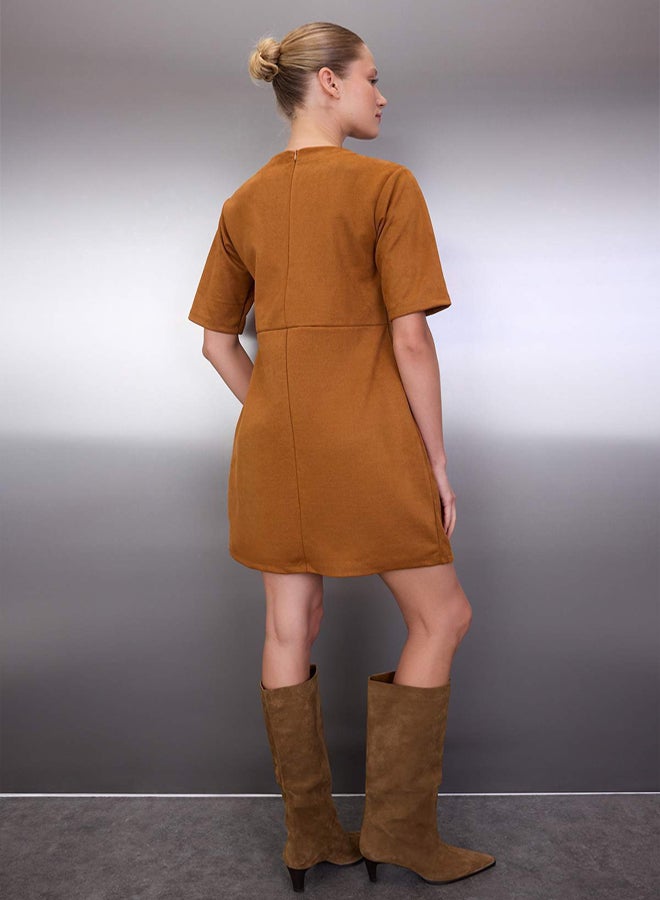trendyol Light Brown Eyelet Detail Shift/Straight Cut Short/Mini Knitted Dress - Image 4