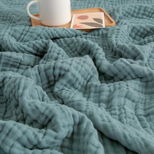 EMME Cotton Blanket Queen Size for Bed Soft Large Muslin Bed Blankets 90"x90" Lightweight Breathable Layering Bedspread All Season Gauze, Teal - Image 2