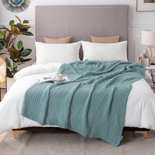 EMME Cotton Blanket Queen Size for Bed Soft Large Muslin Bed Blankets 90"x90" Lightweight Breathable Layering Bedspread All Season Gauze, Teal - Image 1
