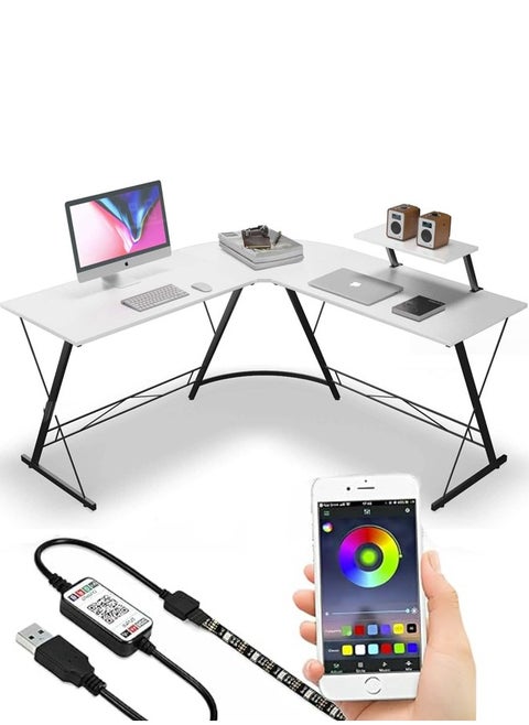 L-Shaped Desk Computer Desk 51inch Computer Corner Table, Home Gaming Desk, Office Writing Workstation with Led Lights & Large Monitor Stand, Space-saving, Easy to Assemble