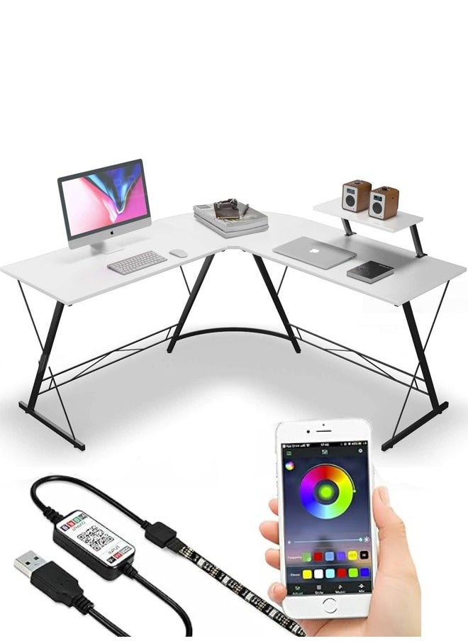 Beauenty - L-Shaped Desk Computer Desk 51inch Computer Corner Table, Home Gaming Desk, Office Writing Workstation with Led Lights & Large Monitor Stand, Space-saving, Easy to Assemble - Image 1