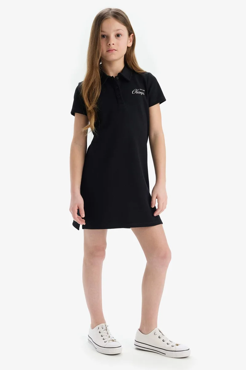 DeFacto Girl Polo Collar Printed Short Sleeve Dress