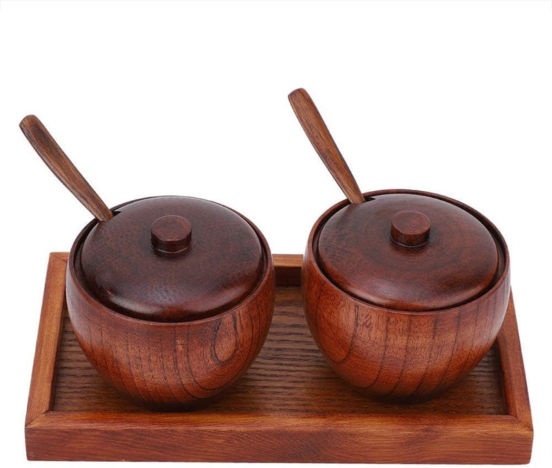 cheekyglo 2Pcs Wooden Salt and Pepper Bowls with Lid and Spoon, Sugar Jars Spice Seasoning Box Set with Serving Tray - Image 5