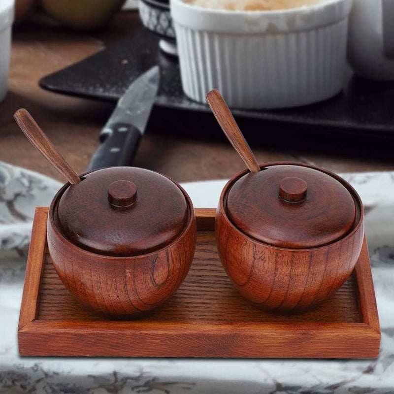 cheekyglo 2Pcs Wooden Salt and Pepper Bowls with Lid and Spoon, Sugar Jars Spice Seasoning Box Set with Serving Tray - Image 3