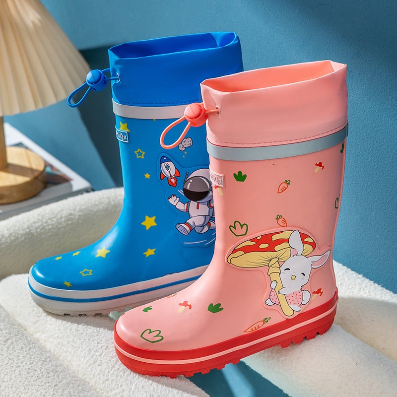 Cartoon Children'S Drawstring Rain Boots Rubber Mid-Tube Primary School Students' Rain Boots Boys And Girls Kindergarten Water Shoes Waterproof - Image 4
