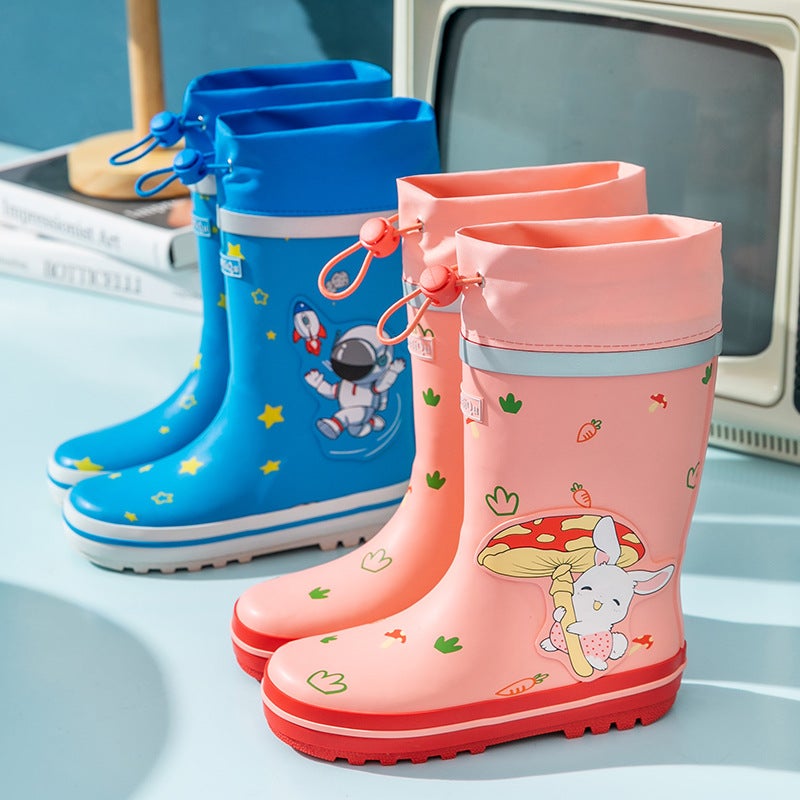 Cartoon Children'S Drawstring Rain Boots Rubber Mid-Tube Primary School Students' Rain Boots Boys And Girls Kindergarten Water Shoes Waterproof - Image 3