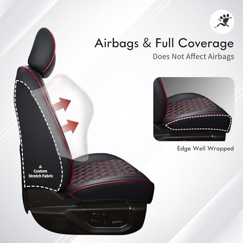 Huidasource 2018-2026 Wrangler JL Front Seat Covers, 2Pcs Front Seat Covers for Jeep Wrangler JL 2-Door/4-Door, Custom Fit Full Coverage Wrangler Seat Cushion Protector (Front Pair/Black&Red) - Image 4