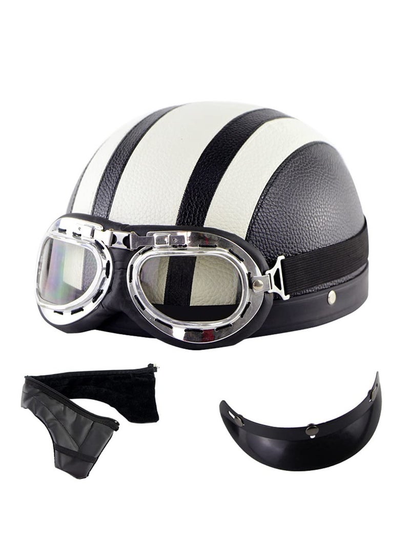 Generic Fashion Half Open Face Touring Helmet Leather Retro Style Cool Harley Motorcycle Bicycle Detachable Riding Helmet 54-60cm (White)  - Image 2