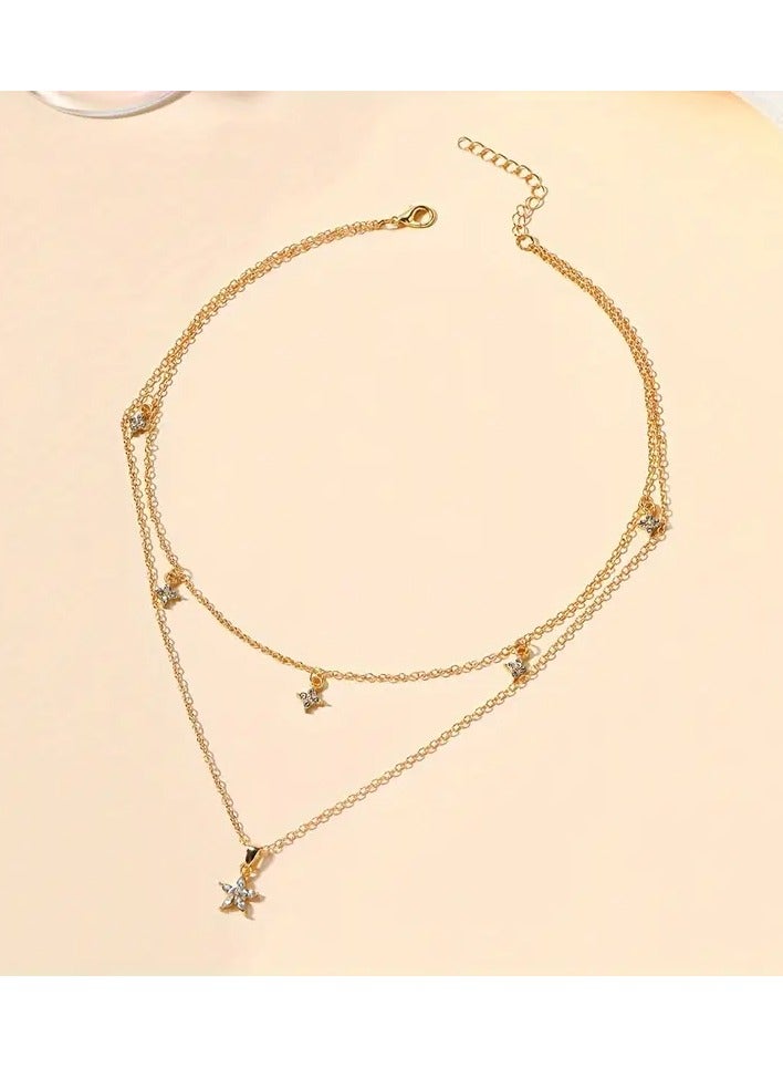 Vintage Boho Style Double Layer Y-Necklace with Flower Rhinestone Pendants, Zinc Alloy, No Plating, for Daily and Gift Occasions - Women's Fashion Jewelry - Image 3