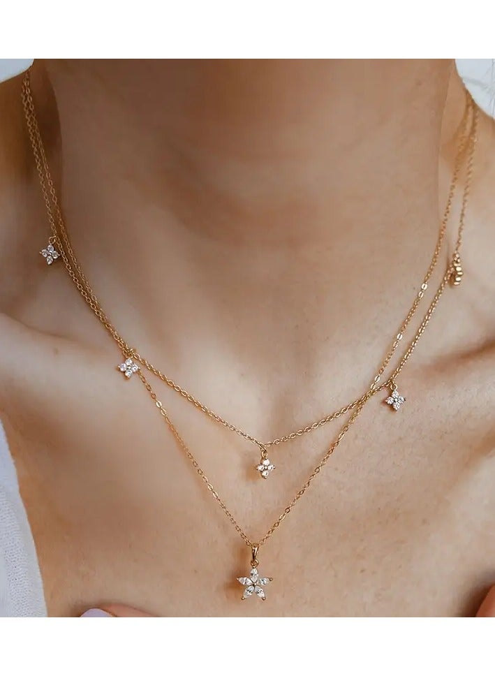 Vintage Boho Style Double Layer Y-Necklace with Flower Rhinestone Pendants, Zinc Alloy, No Plating, for Daily and Gift Occasions - Women's Fashion Jewelry - Image 1