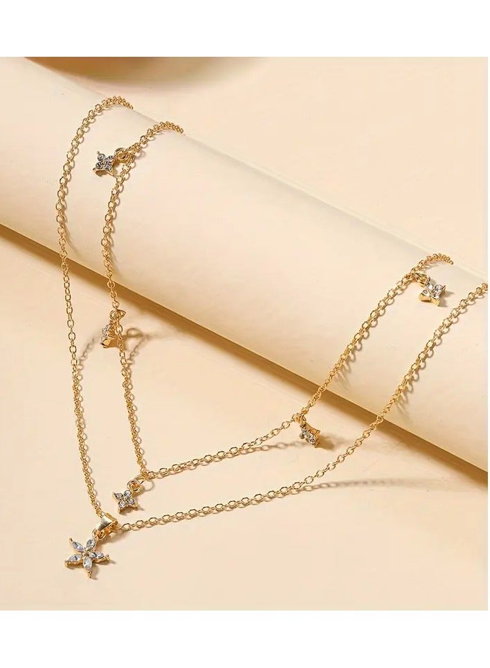 Vintage Boho Style Double Layer Y-Necklace with Flower Rhinestone Pendants, Zinc Alloy, No Plating, for Daily and Gift Occasions - Women's Fashion Jewelry - Image 5