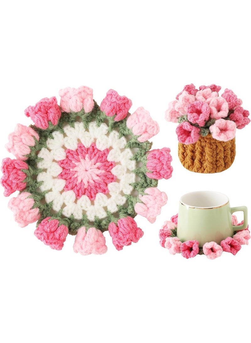 Handmade Crochet Flower Coasters Set, Pink Rose Floral Drink Coasters with Mini Basket Design, Soft Table Protection Mats for Coffee Table, Dining Room, Kitchen, Office Decor, Cute Home Decoration Gift for Housewarming Birthday and Special Occasions - Image 1