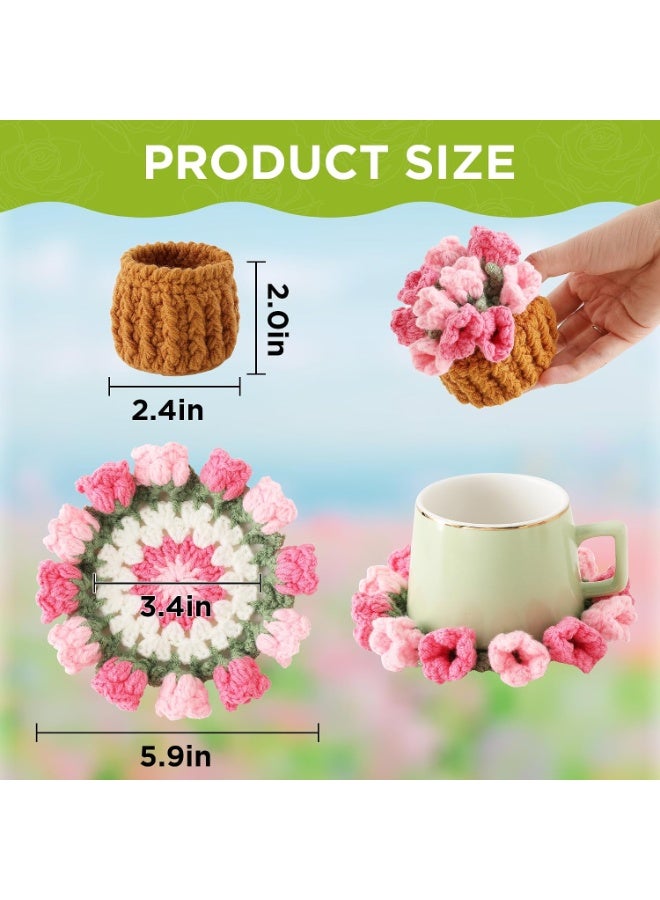 Handmade Crochet Flower Coasters Set, Pink Rose Floral Drink Coasters with Mini Basket Design, Soft Table Protection Mats for Coffee Table, Dining Room, Kitchen, Office Decor, Cute Home Decoration Gift for Housewarming Birthday and Special Occasions - Image 2