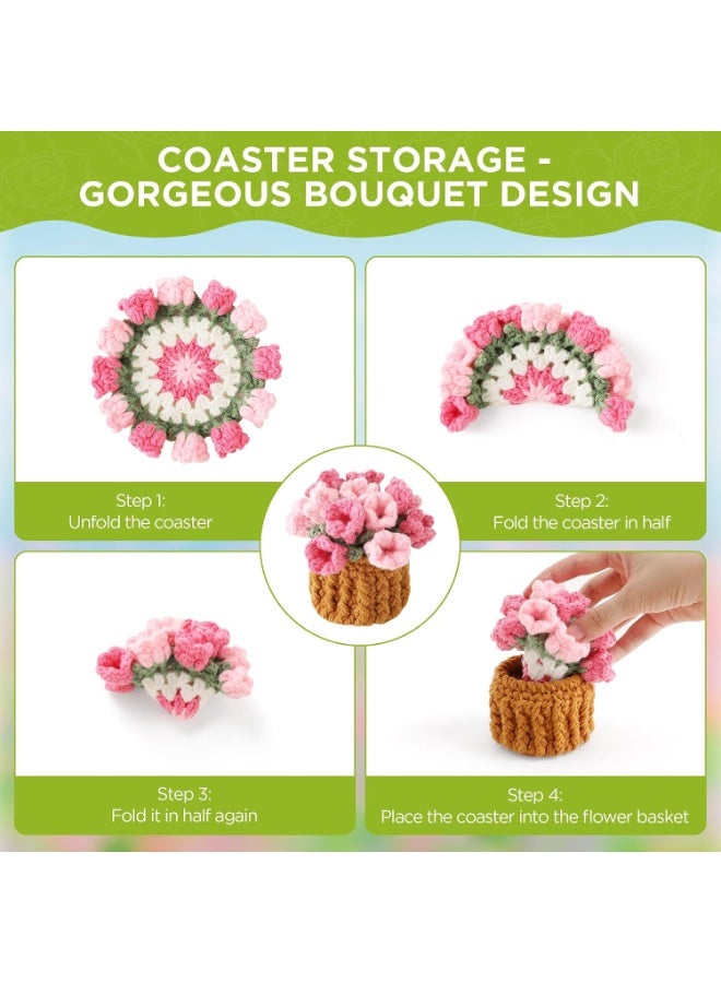Handmade Crochet Flower Coasters Set, Pink Rose Floral Drink Coasters with Mini Basket Design, Soft Table Protection Mats for Coffee Table, Dining Room, Kitchen, Office Decor, Cute Home Decoration Gift for Housewarming Birthday and Special Occasions - Image 3