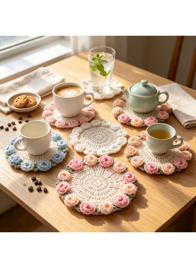 Handmade Crochet Flower Coasters Set, Pink Rose Floral Drink Coasters with Mini Basket Design, Soft Table Protection Mats for Coffee Table, Dining Room, Kitchen, Office Decor, Cute Home Decoration Gift for Housewarming Birthday and Special Occasions - Image 5