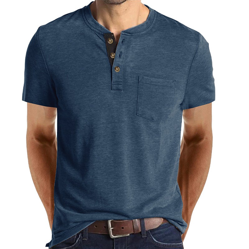 New Foreign Trade Men''s Summer Henry Men''s Short-sleeved T-shirt Solid Color and Men''s T-shirt - Image 1
