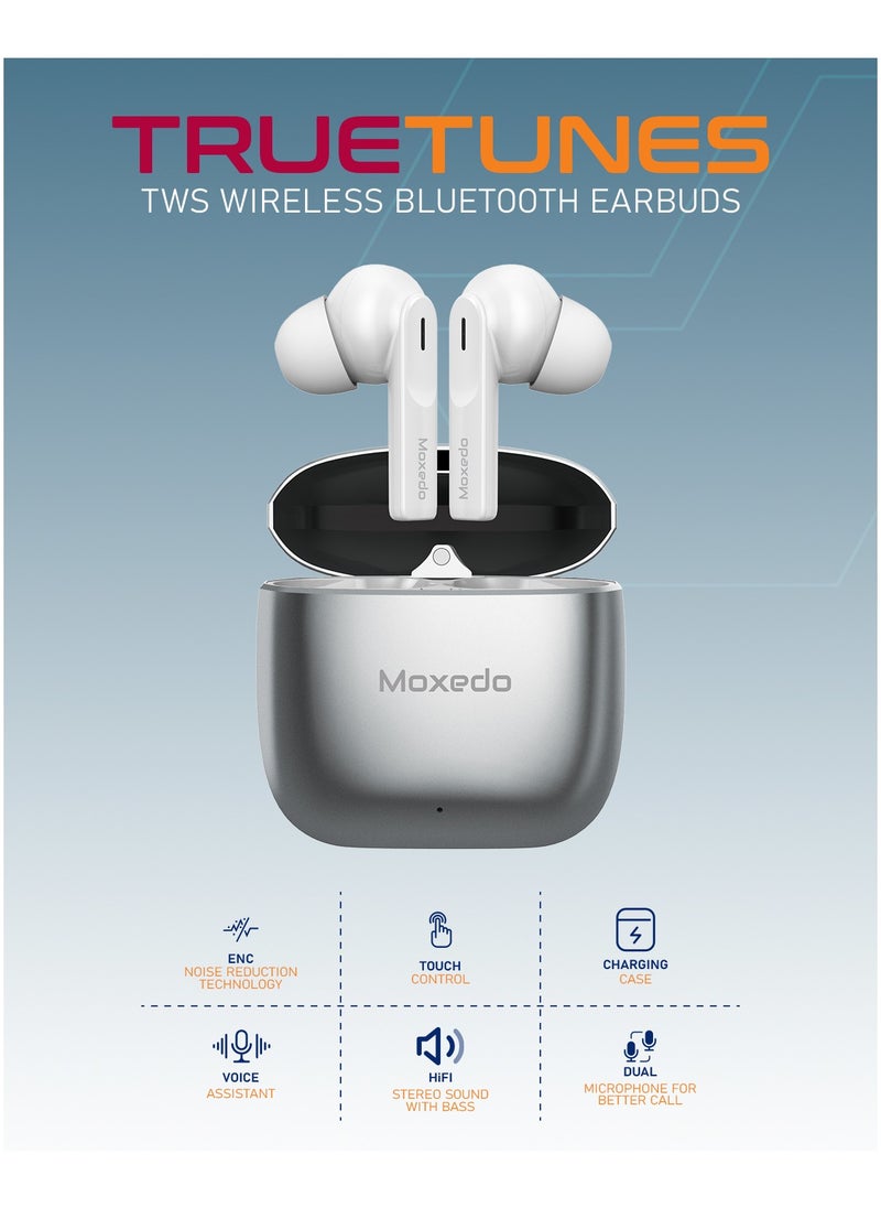 Moxedo - Moxedo True Tunes TWS Wireless Bluetooth Earbuds, Dual Microphone Clear Calls, IPX4 Sweat Resistance Easy Touch Control, ENC Noise Reduction Technology (Silver) - Image 1