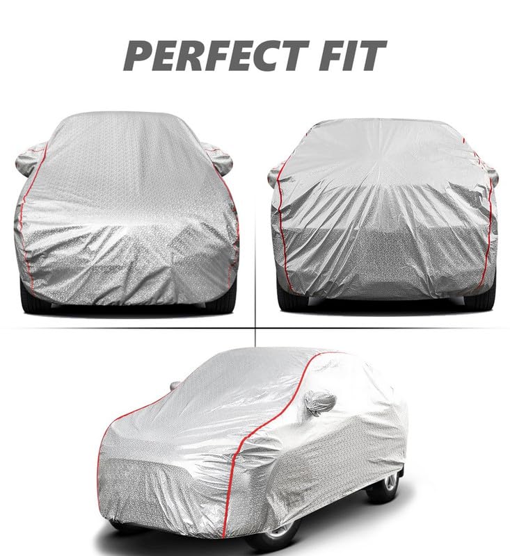 PROTEGO All Weather Protection Car Cover for Renault kwid Climber | Anti Dust, 100% Waterproof, Durable Cover - Triple Stitched Elastic Grip with Mirror Pocket |(Metallic Silver with Red Piping) - Image 4