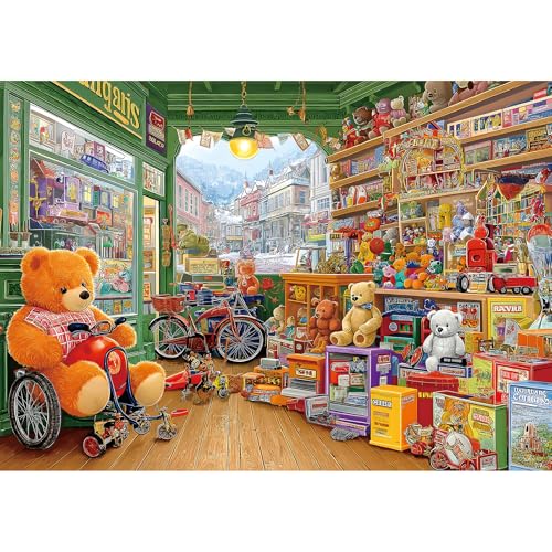 MINIWAN 1000 Piece Puzzle for Adults Vintage Toy Store Jigsaw Puzzle Letters on Back Fun Cool Unique Adventure Scene Bears Shop Family Challenge Puzzles for Game Night 2675 x 1975 - Image 1
